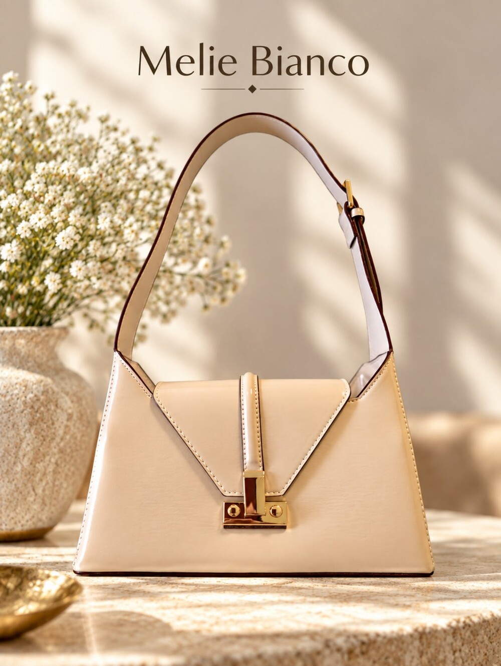 EUC Melie Bianco Minimalist Structured Cream Patent Faux Leather Shoulder Bag